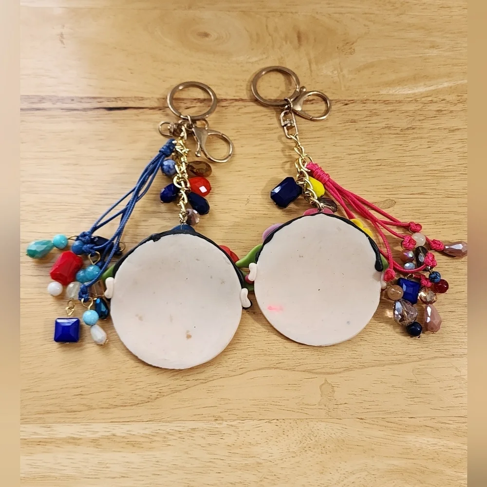 2 Handmade French Clay Frida Kahlo Keychain Colorful Artisan Bag Charm